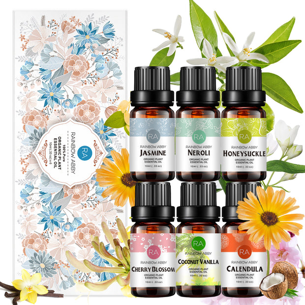 6-Pack 10ml Floral Essential Oils Gift Set: Jasmine,Neroli,Honeysuckle,Cherry Blossoms,Coconut Vanilla,Calendula