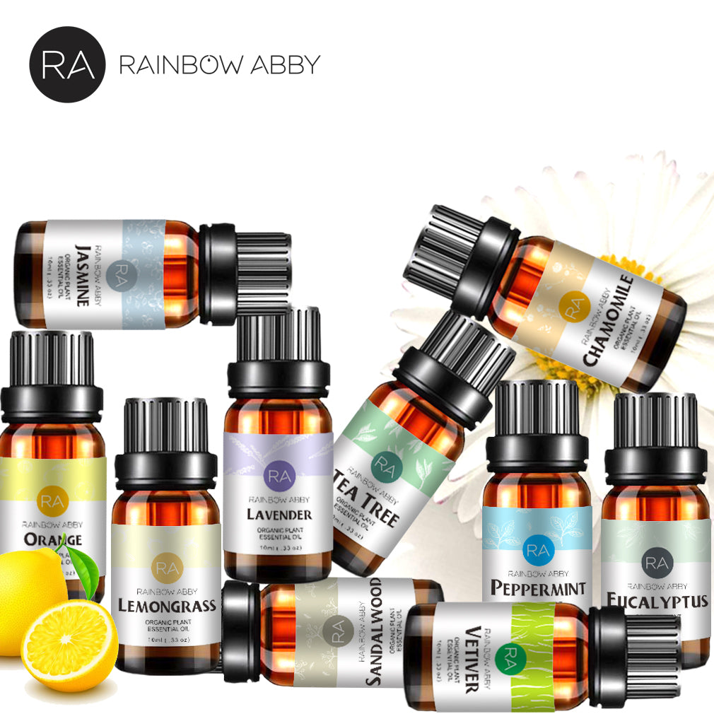 10-Pack 10ml Essential Oils Set: Tea tree, Lavender, Peppermint, Eucalyptus, Sandalwood, Lemongrass, Sweet Orange, Chamomile, Jasmine & Vetiver