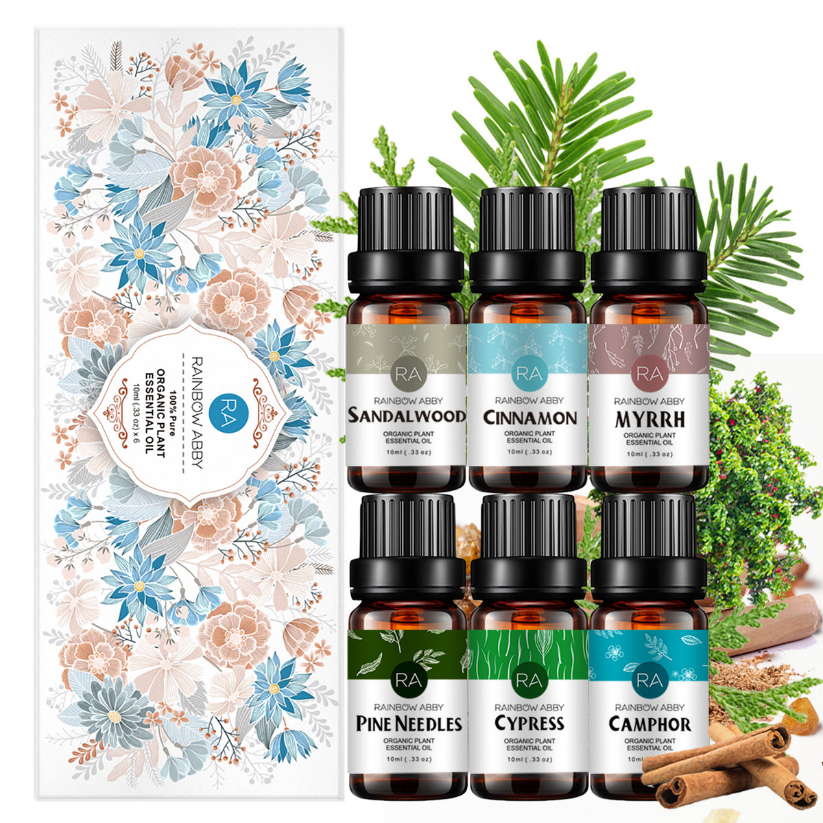 6-Pack 10ml Woody Essential Oils Set: Cinnamon, Sandalwood, Myrrh, Pine Needles, Cypress, Camphor