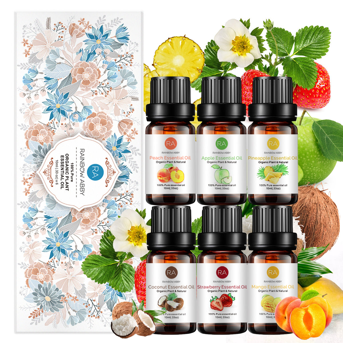 6-Pack 10ml Fruity Essential Oils Set: Strawberry, Coconut, Apple, Mango, Pineapple, Peach