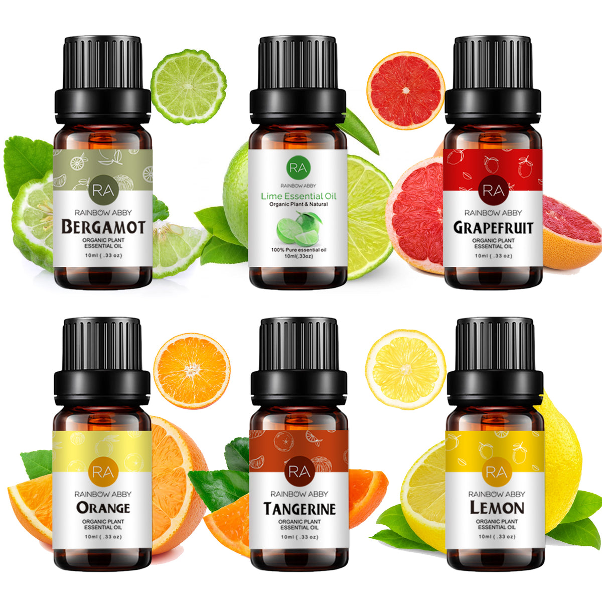 6-Pack 10ml Citrus Essential Oil Set: Lemon, Sweet Orange, Bergamot, Grapefruit, Tangerine, Lime