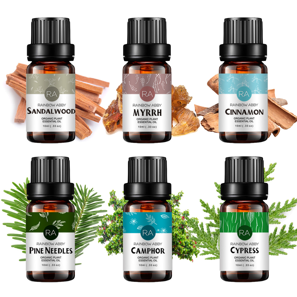 6-Pack 10ml Woody Essential Oils Set: Cinnamon, Sandalwood, Myrrh, Pine Needles, Cypress, Camphor