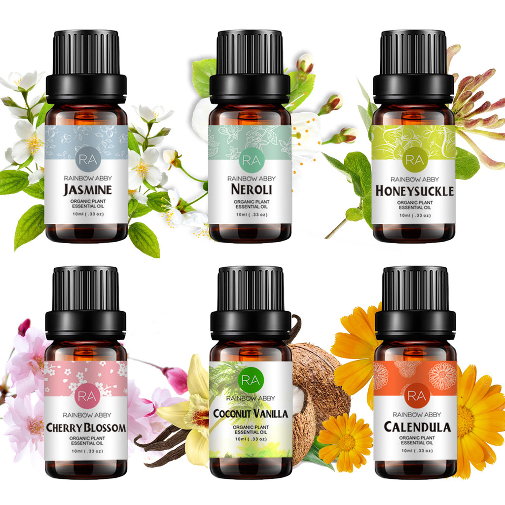 6-Pack 10ml Floral Essential Oils Gift Set: Jasmine,Neroli,Honeysuckle,Cherry Blossoms,Coconut Vanilla,Calendula