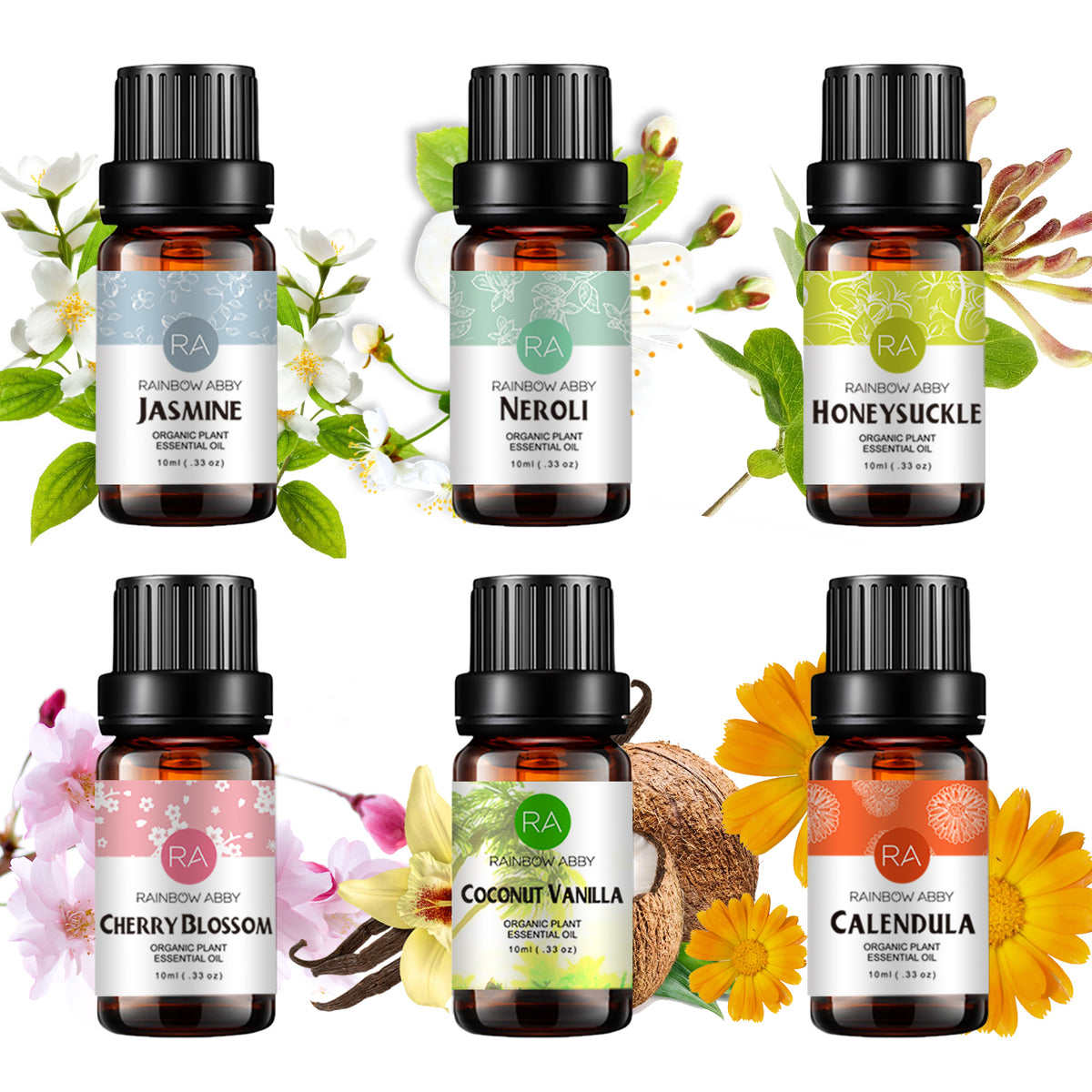 6-Pack 10ml Floral Essential Oils Gift Set: Jasmine,Neroli,Honeysuckle,Cherry Blossoms,Coconut Vanilla,Calendula