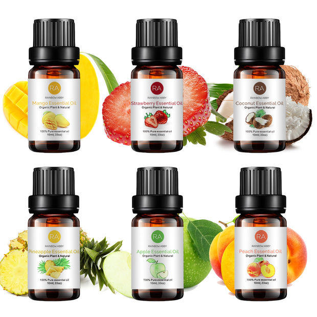 6-Pack 10ml Fruity Essential Oils Set: Strawberry, Coconut, Apple, Mango, Pineapple, Peach