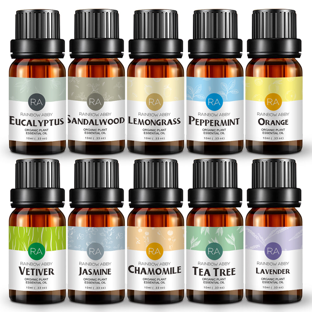 10-Pack 10ml Essential Oils Set: Tea tree, Lavender, Peppermint, Eucalyptus, Sandalwood, Lemongrass, Sweet Orange, Chamomile, Jasmine & Vetiver