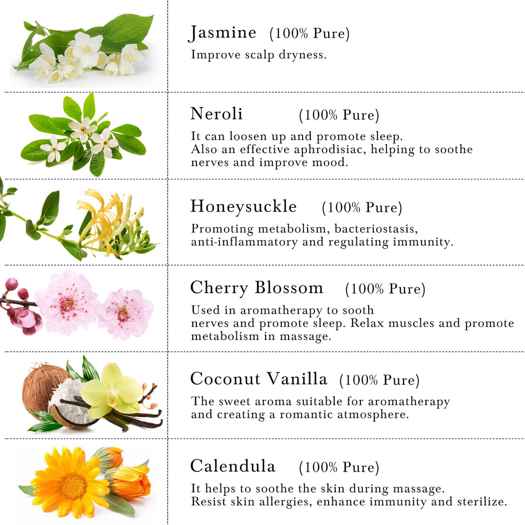 6-Pack 10ml Floral Essential Oils Gift Set: Jasmine,Neroli,Honeysuckle,Cherry Blossoms,Coconut Vanilla,Calendula