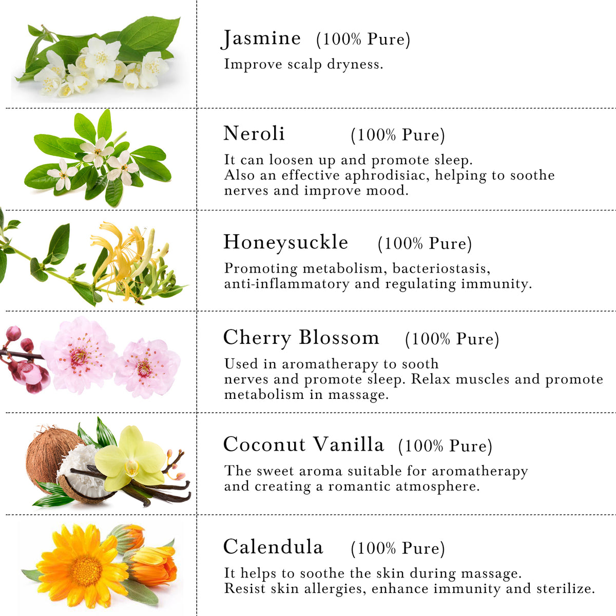 6-Pack 10ml Floral Essential Oils Gift Set: Jasmine,Neroli,Honeysuckle,Cherry Blossoms,Coconut Vanilla,Calendula