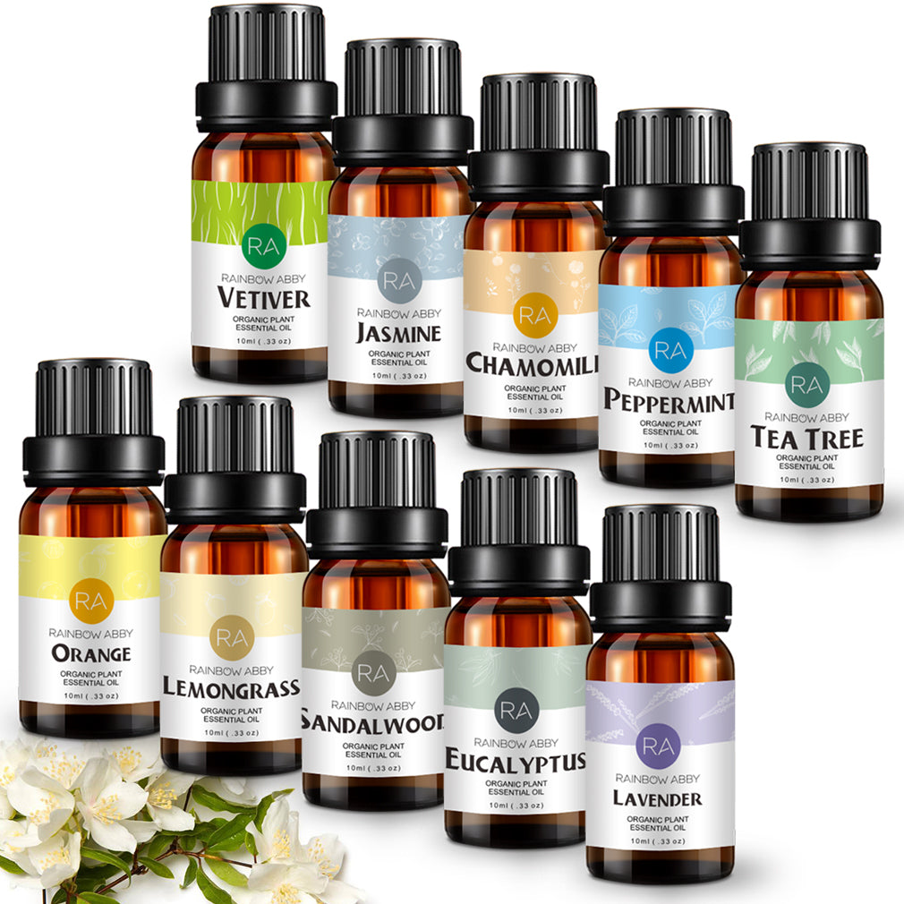10-Pack 10ml Essential Oils Set: Tea tree, Lavender, Peppermint, Eucalyptus, Sandalwood, Lemongrass, Sweet Orange, Chamomile, Jasmine & Vetiver