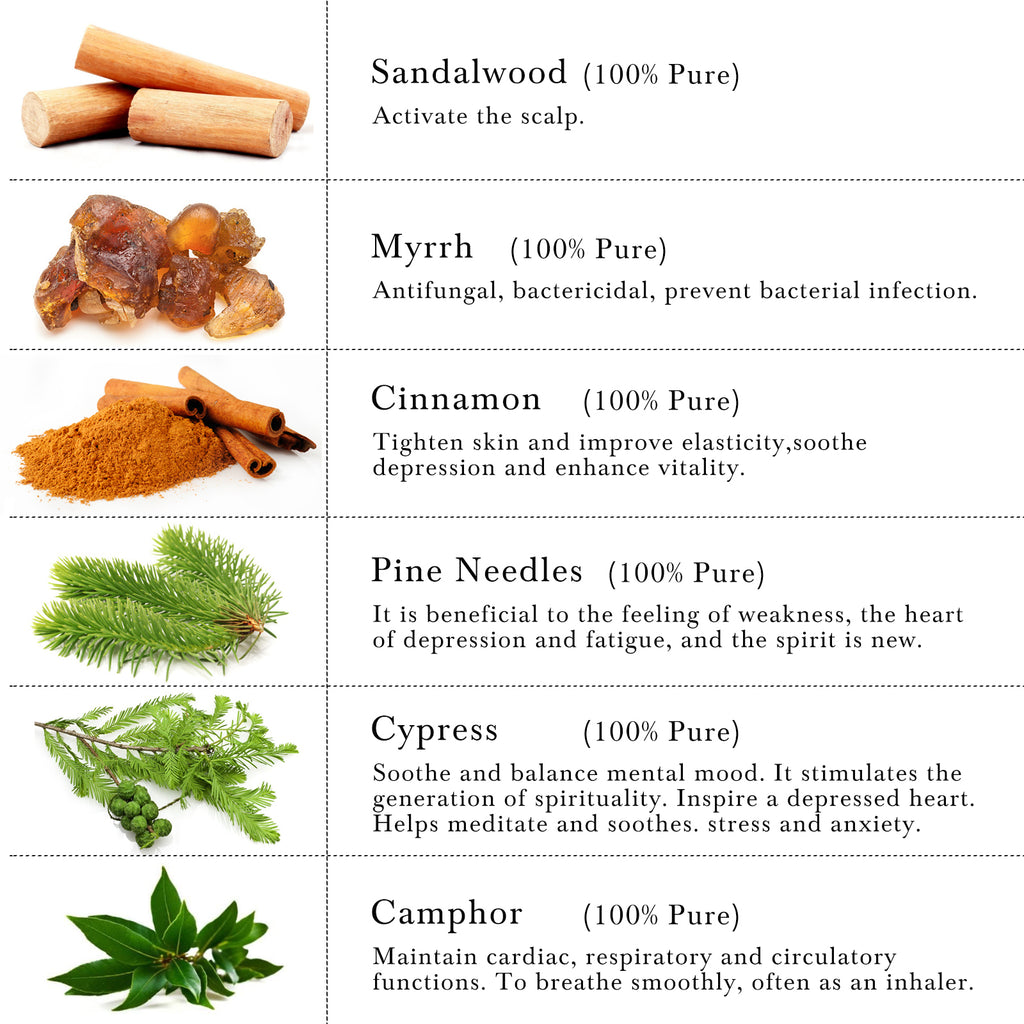 6-Pack 10ml Woody Essential Oils Set: Cinnamon, Sandalwood, Myrrh, Pine Needles, Cypress, Camphor