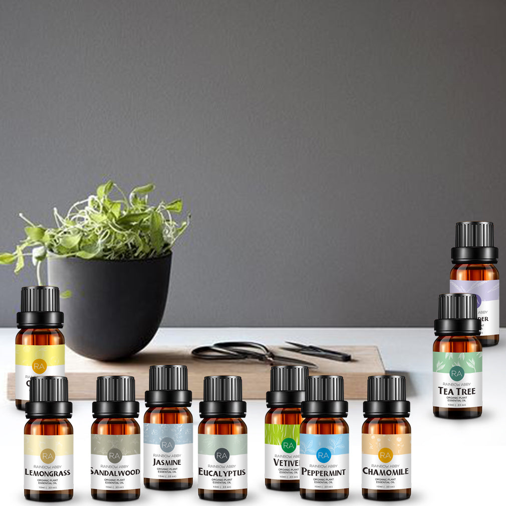 10-Pack 10ml Essential Oils Set: Tea tree, Lavender, Peppermint, Eucalyptus, Sandalwood, Lemongrass, Sweet Orange, Chamomile, Jasmine & Vetiver