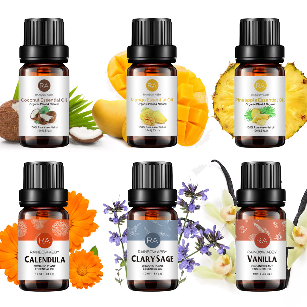 6-Pack 10ml Essential Oils Set (Coconut, Mango, Pineapple, Vanilla, Clary Sage, Calendula)