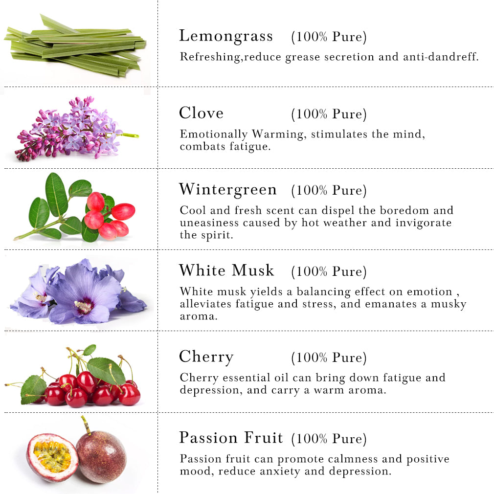 6-Pack 10ml Essential Oils Set (Lemongrass, Clove, Wintergreen, Passion Fruit, Cherry, White Musk)