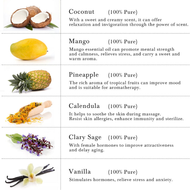 6-Pack 10ml Essential Oils Set (Coconut, Mango, Pineapple, Vanilla, Clary Sage, Calendula)