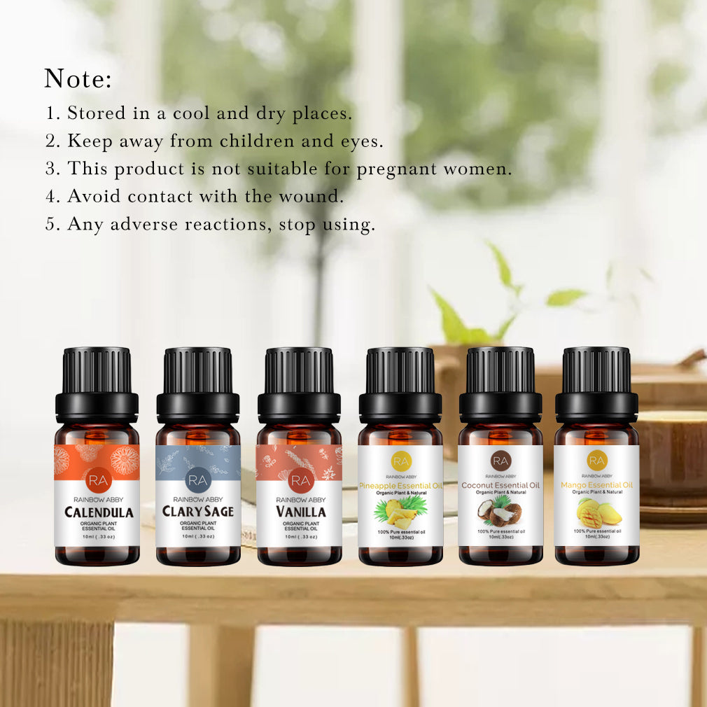 6-Pack 10ml Essential Oils Set (Coconut, Mango, Pineapple, Vanilla, Clary Sage, Calendula)