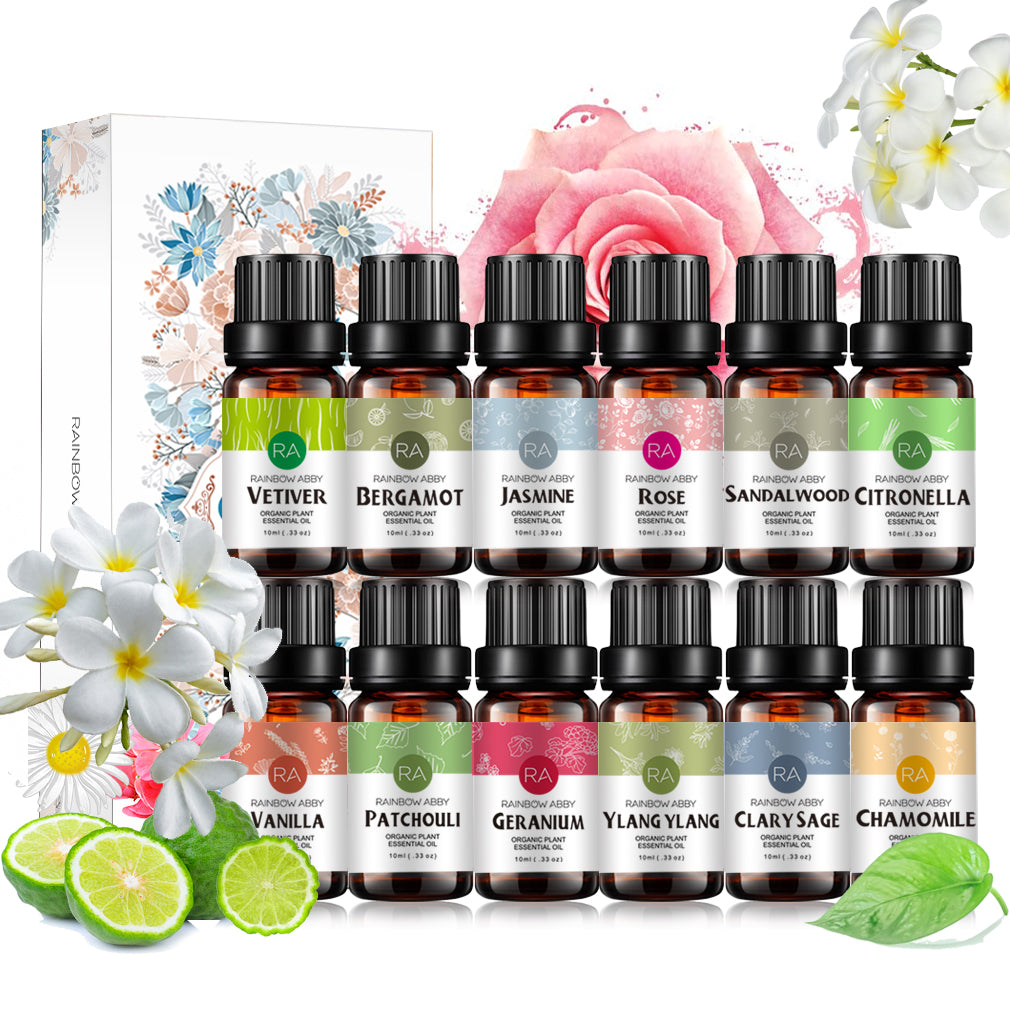 Top 12-Pack 10ml Essential Oils Set (Rose,Vanilla,Sandalwood,Clary Sage,Patchouli,Geranium,Jasmine,Chamomile,Bergamot,Ylang-Ylang,Lemongrass,Vetiver)