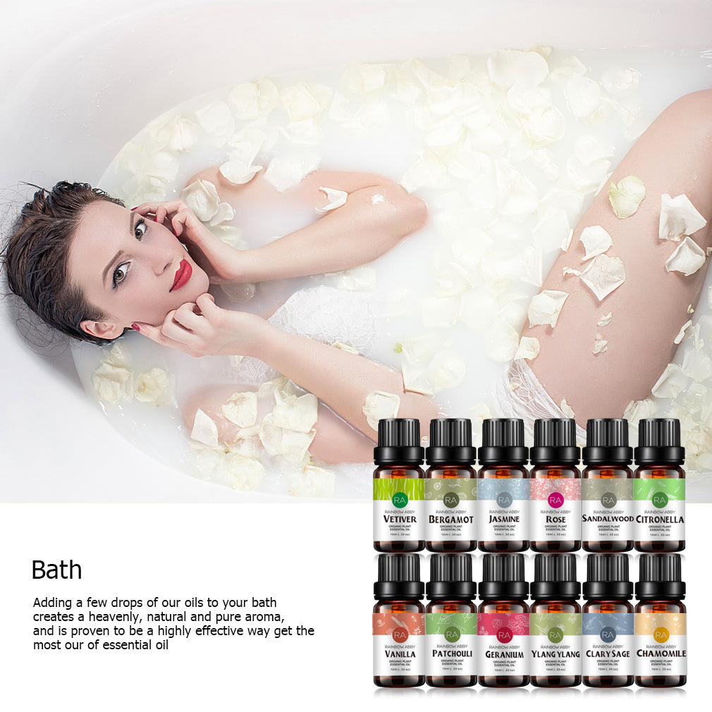 Top 12-Pack 10ml Essential Oils Set (Rose,Vanilla,Sandalwood,Clary Sage,Patchouli,Geranium,Jasmine,Chamomile,Bergamot,Ylang-Ylang,Lemongrass,Vetiver)