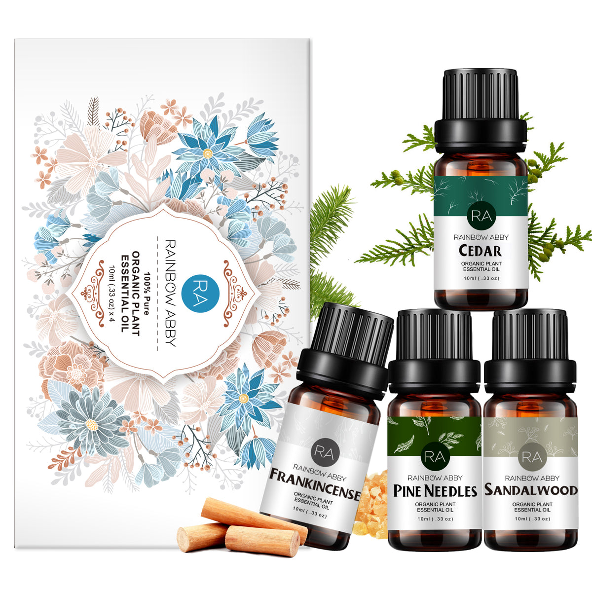 4-Pack 10ml Woodsy Essential Oils Set : Frankincense, Pine Needles, Cedarwood, Sandalwood