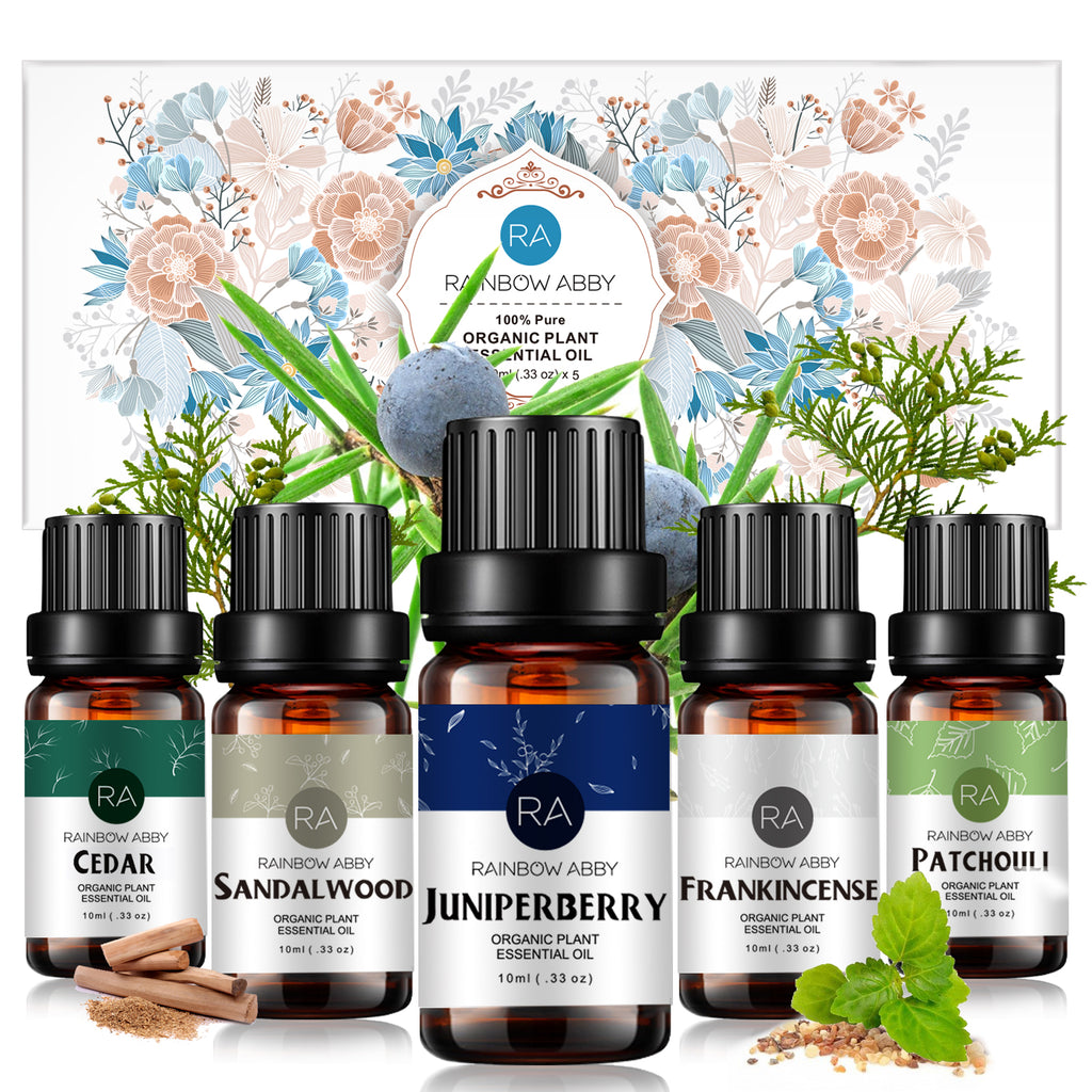 5-Pack 10ml Woody Essential Oils Set: Sandalwood, Cedarwood, Juniper Berry, Frankincense, Patchouli