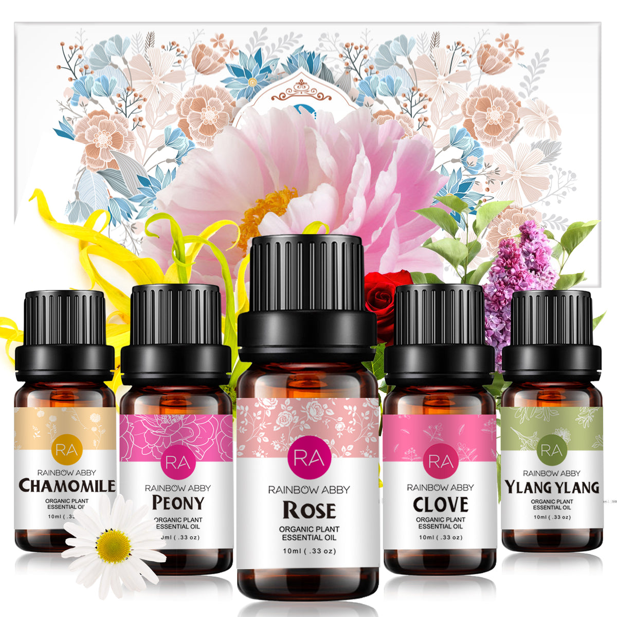 5x 10ml Floral Essential Oils Gift Set : Clove, Rose, Peony, Ylang Ylang, Chamomile
