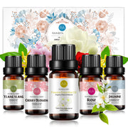 5-Pack 10ml Floral Essential Oils Set: Rose, Jasmine, Ylang ylang, Cherry Blossom, Freesia