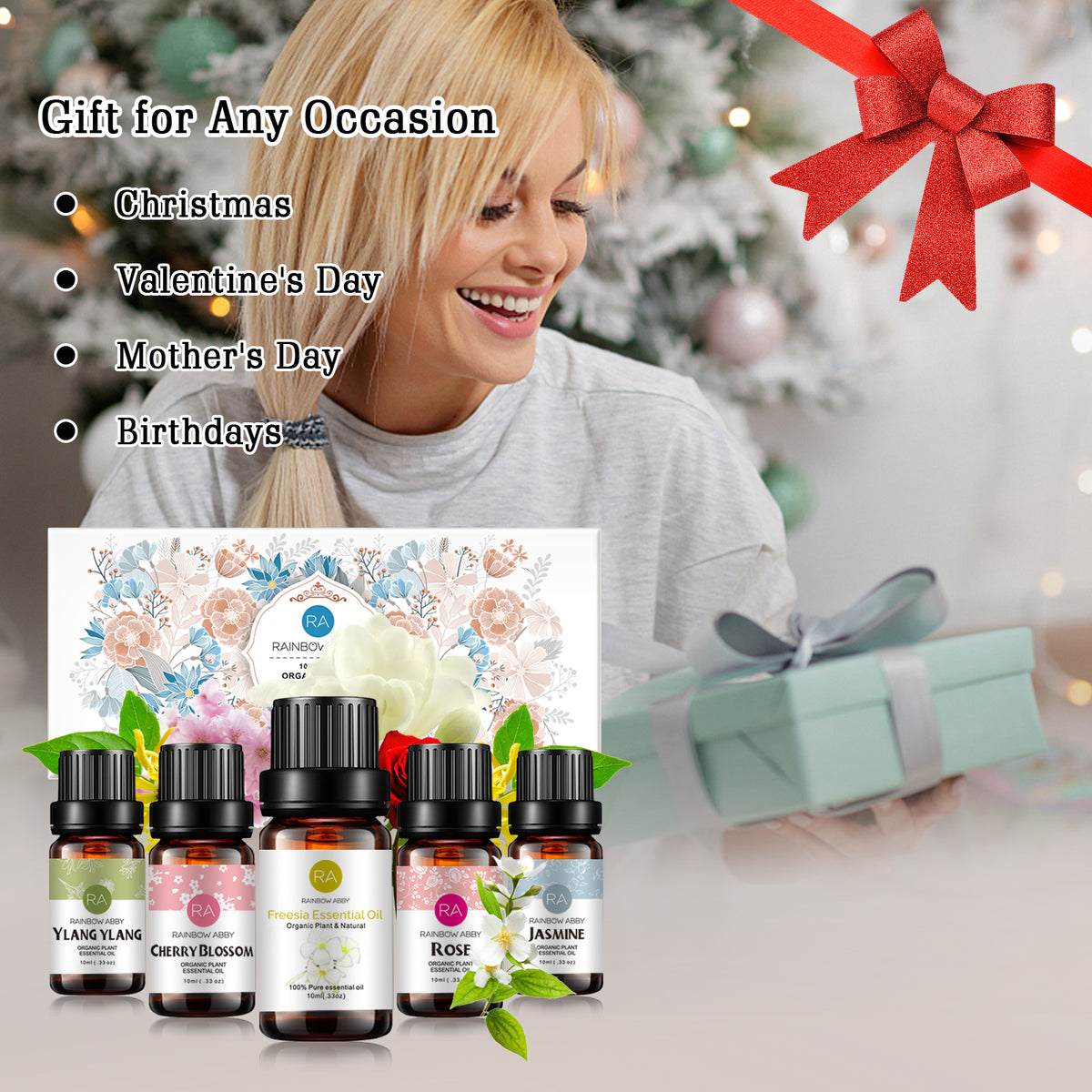 5-Pack 10ml Floral Essential Oils Set: Rose, Jasmine, Ylang ylang, Cherry Blossom, Freesia