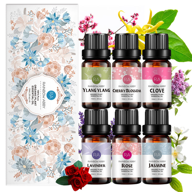 6-Pack 10ml Essential Oils Set : Lavender, Rose, Jasmine, Ylang-Ylang, Cherry Blossom, Clove