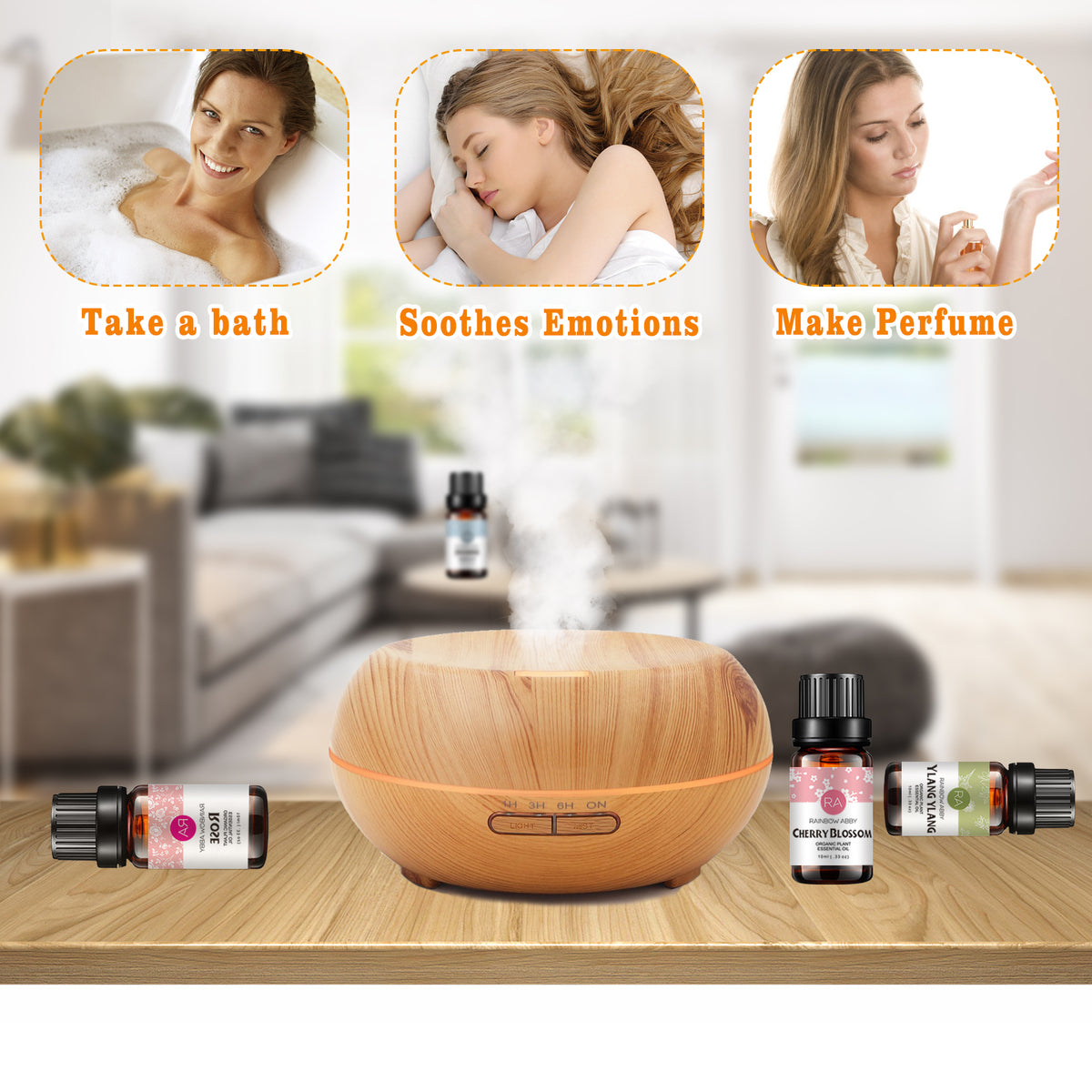 6-Pack 10ml Essential Oils Set : Lavender, Rose, Jasmine, Ylang-Ylang, Cherry Blossom, Clove