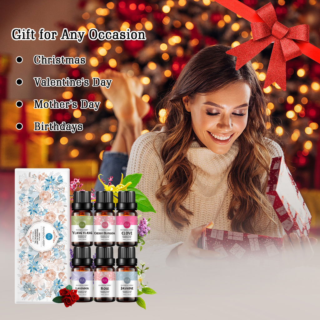 6-Pack 10ml Essential Oils Set : Lavender, Rose, Jasmine, Ylang-Ylang, Cherry Blossom, Clove