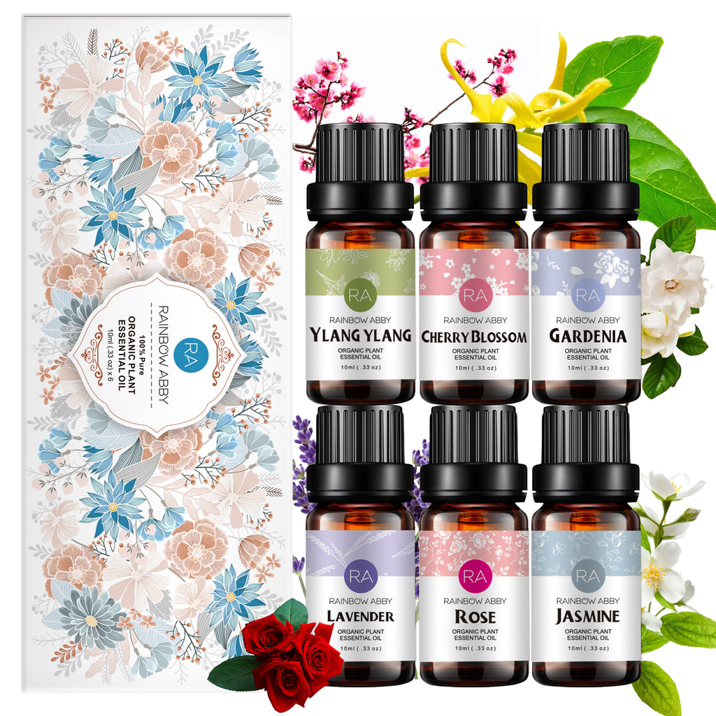 6-Pack 10ml Floral Essential Oils Gift Set: Lavender, YlangYlang, Rose, Jasmine, Cherry Blossom, Gardenia