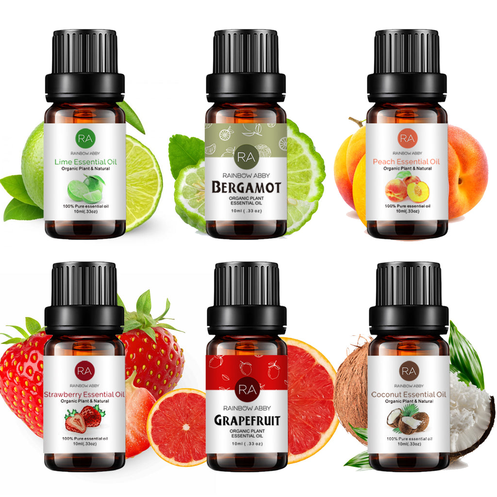 6-Pack Fruity Essential Oils Set : Coconut, Grapefruit, Strawberry, Peach, Bergamot, Lime