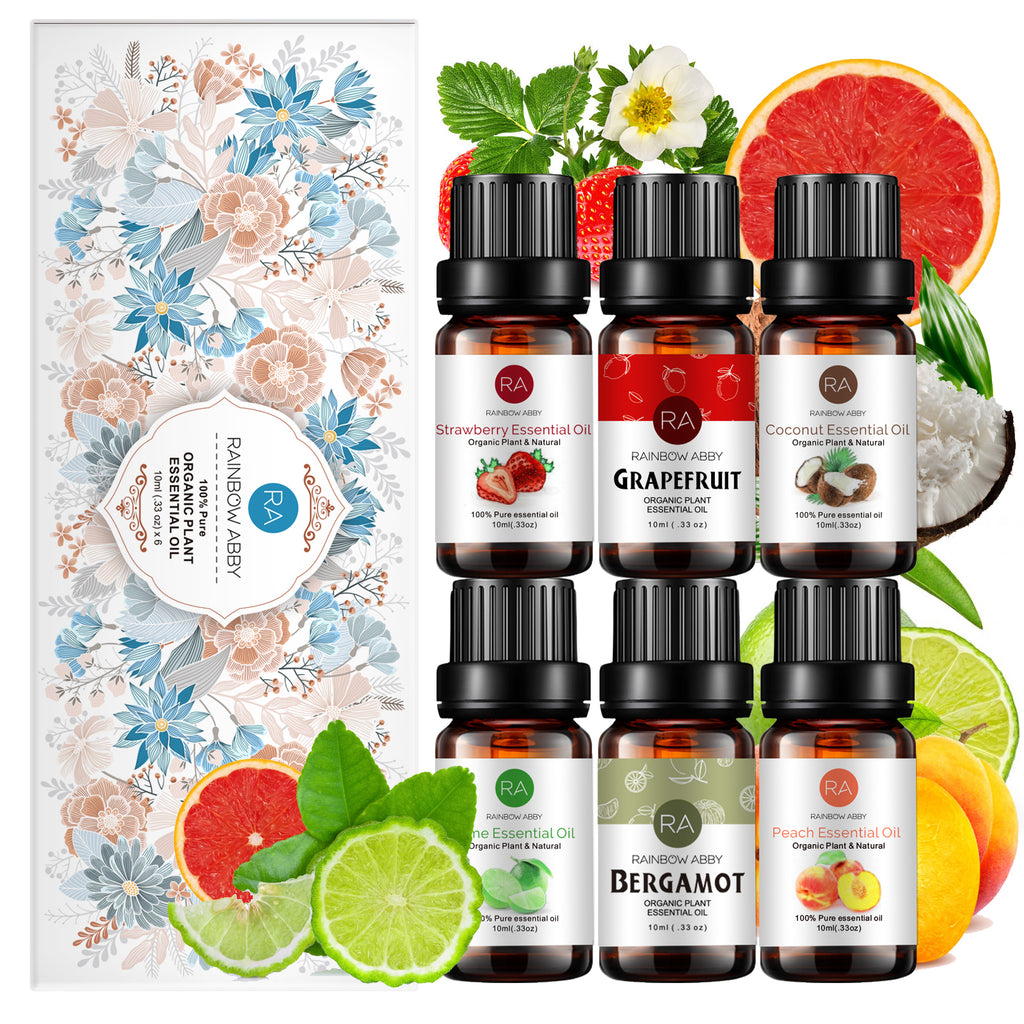 6-Pack Fruity Essential Oils Set : Coconut, Grapefruit, Strawberry, Peach, Bergamot, Lime