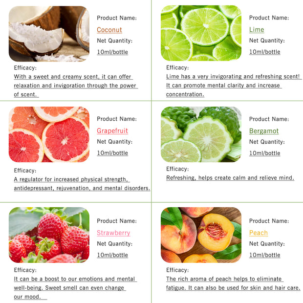 6-Pack Fruity Essential Oils Set : Coconut, Grapefruit, Strawberry, Peach, Bergamot, Lime