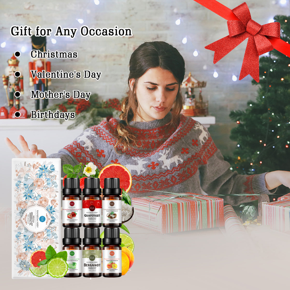 6-Pack Fruity Essential Oils Set : Coconut, Grapefruit, Strawberry, Peach, Bergamot, Lime