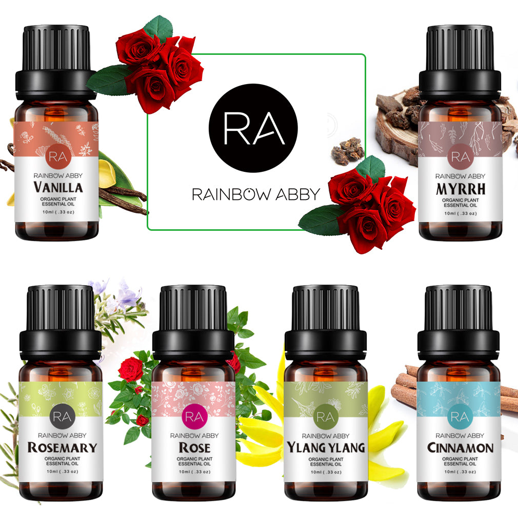 Set de regalo de aceite esencial de aromaterapia - (6 botellas de 10 ml) - Romero, rosa, ylang-ylang, canela, vainilla, mirra